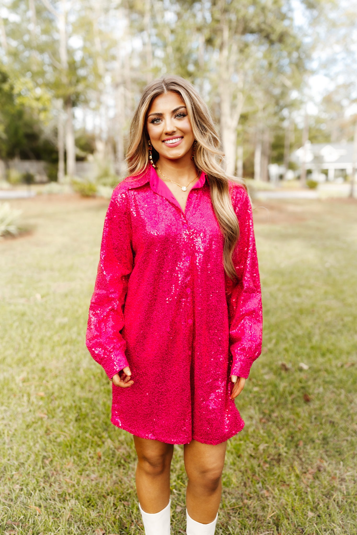 Virtual Pink Sequin Button Up Mini Sparkle Shirt Dress
