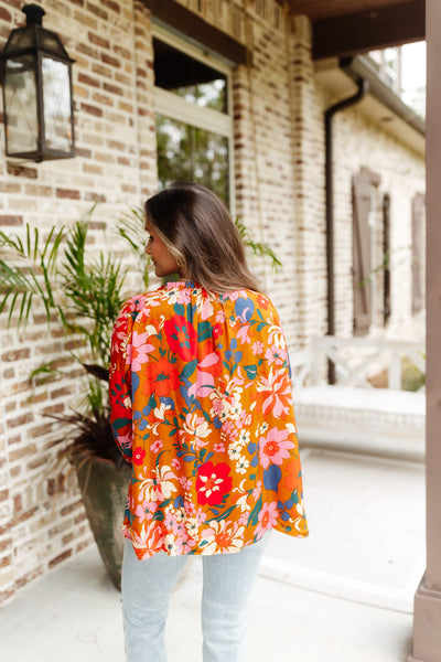 Camel Satin Floral Ruffle V-Neck Long Sleeve Blouse