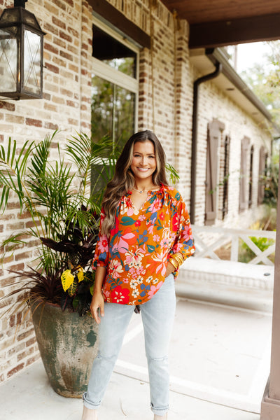 Camel Satin Floral Ruffle V-Neck Long Sleeve Blouse