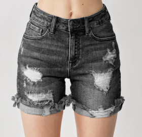 Risen Black DISTRESSED MID THIGH SHORTS