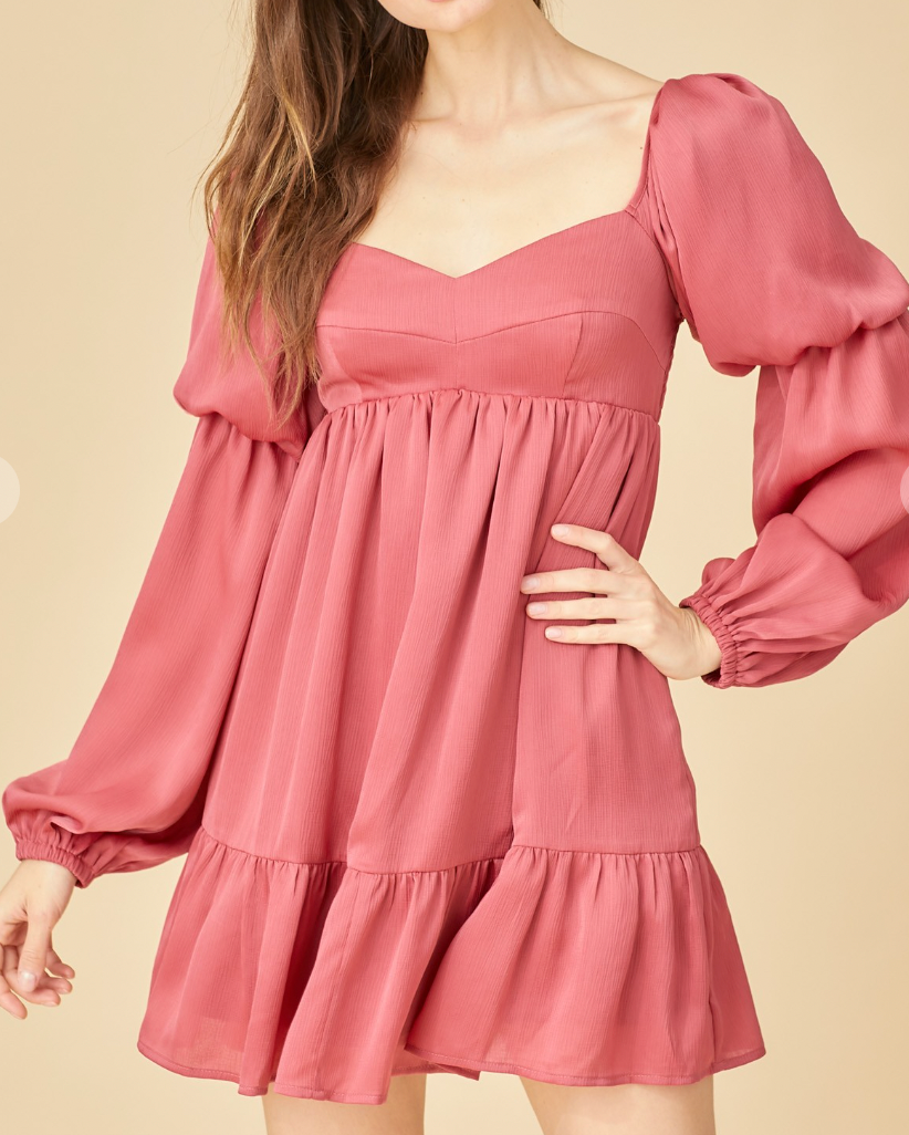 Winter Red Berry Sweetheart Puff Sleeve Ruffle Dress