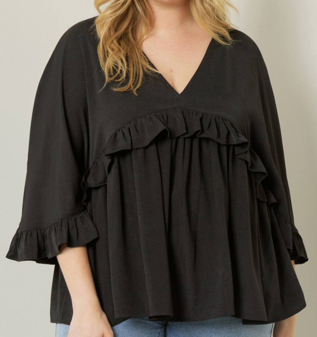 Black V-Neck Ruffle Sleeve Babydoll Blouse