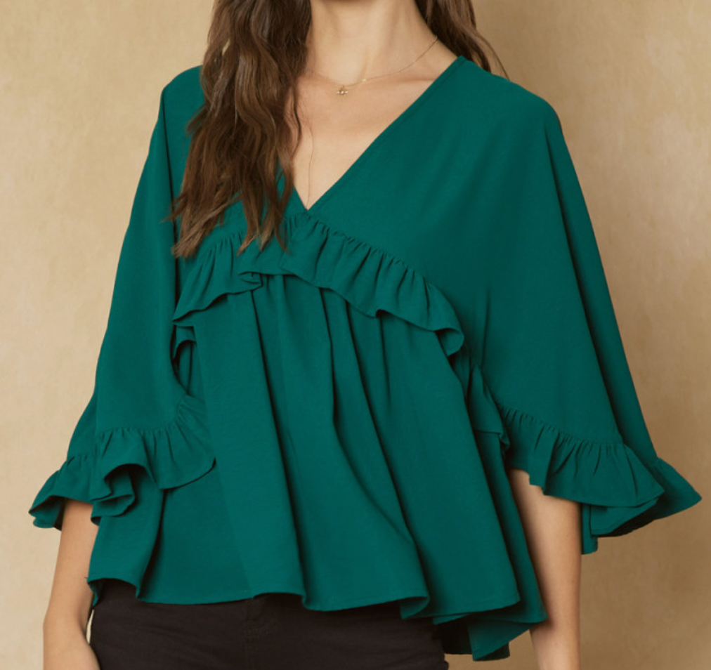 Forest V-Neck Ruffle Sleeve Babydoll Blouse