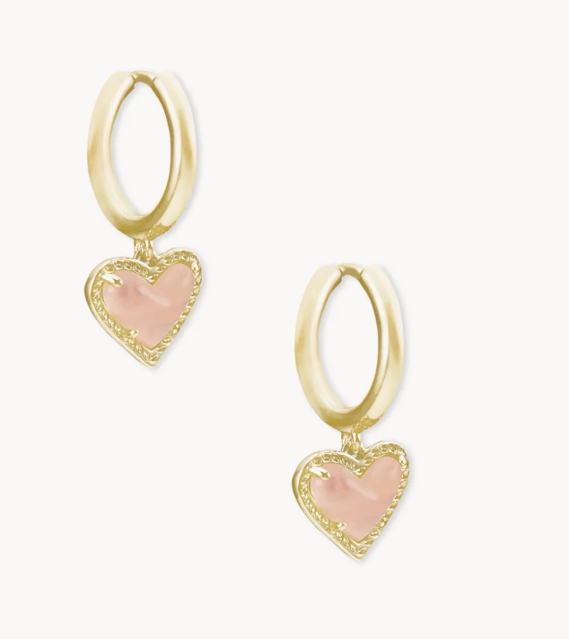 Kendra Scott Ari Heart Gold Huggie Earrings in Rose Quartz