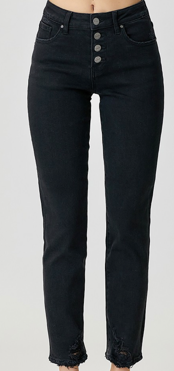 Risen Black Button Fly Slim Tapered Jeans