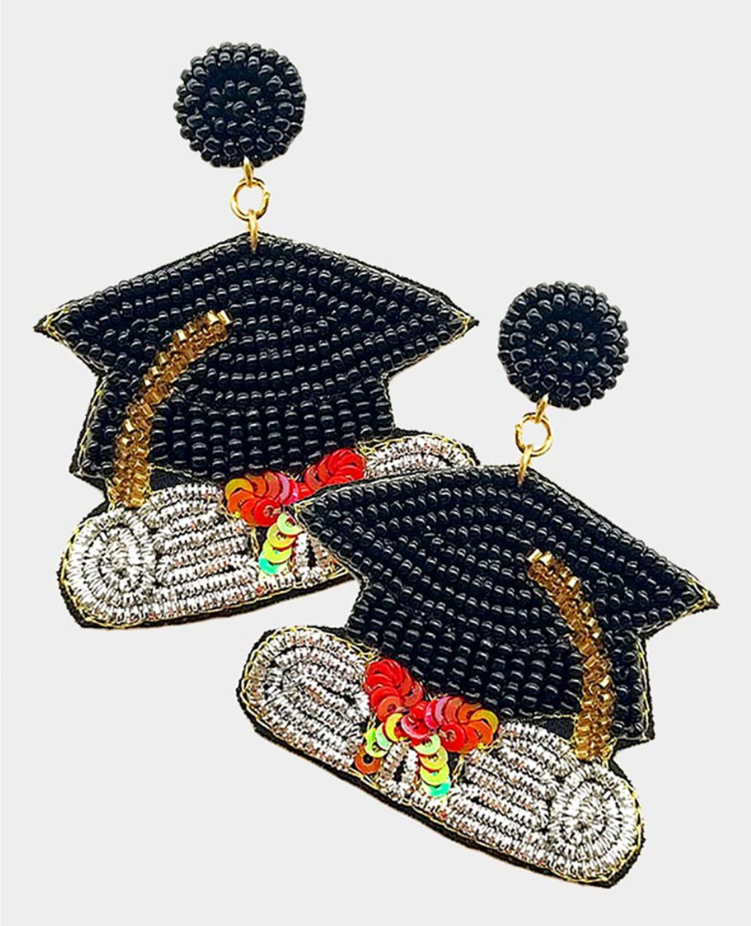 Black Mix Beaded Graduation Hat Dangle Earrings