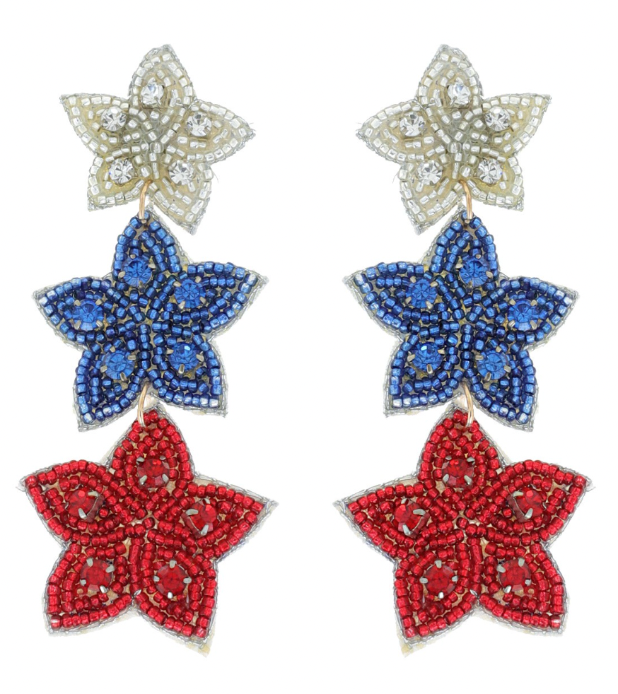 Red White and Blue Beaded Star Drop Earrings