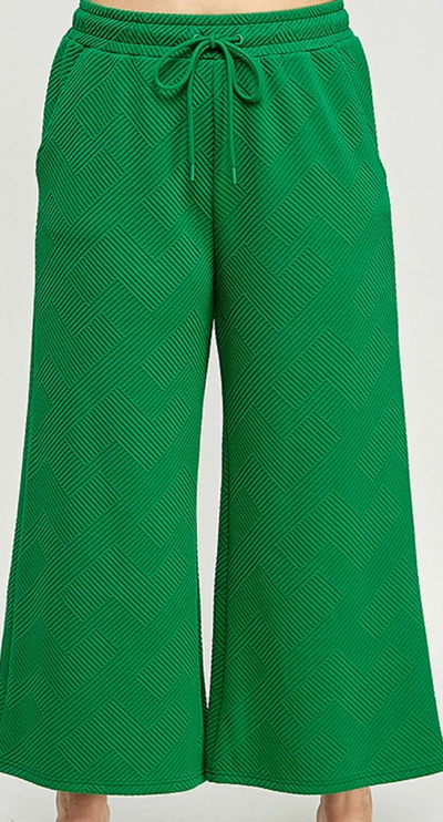 Green Textured Drop Shoulder Top and Wide Leg Pant Set