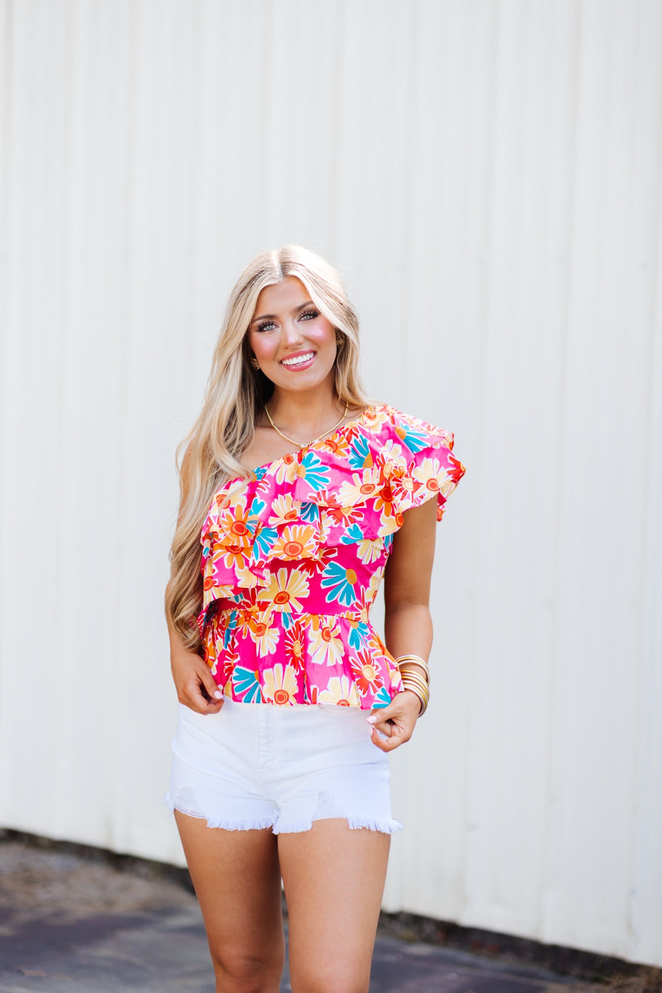 Coral Floral One Shoulder Ruffle Blouse