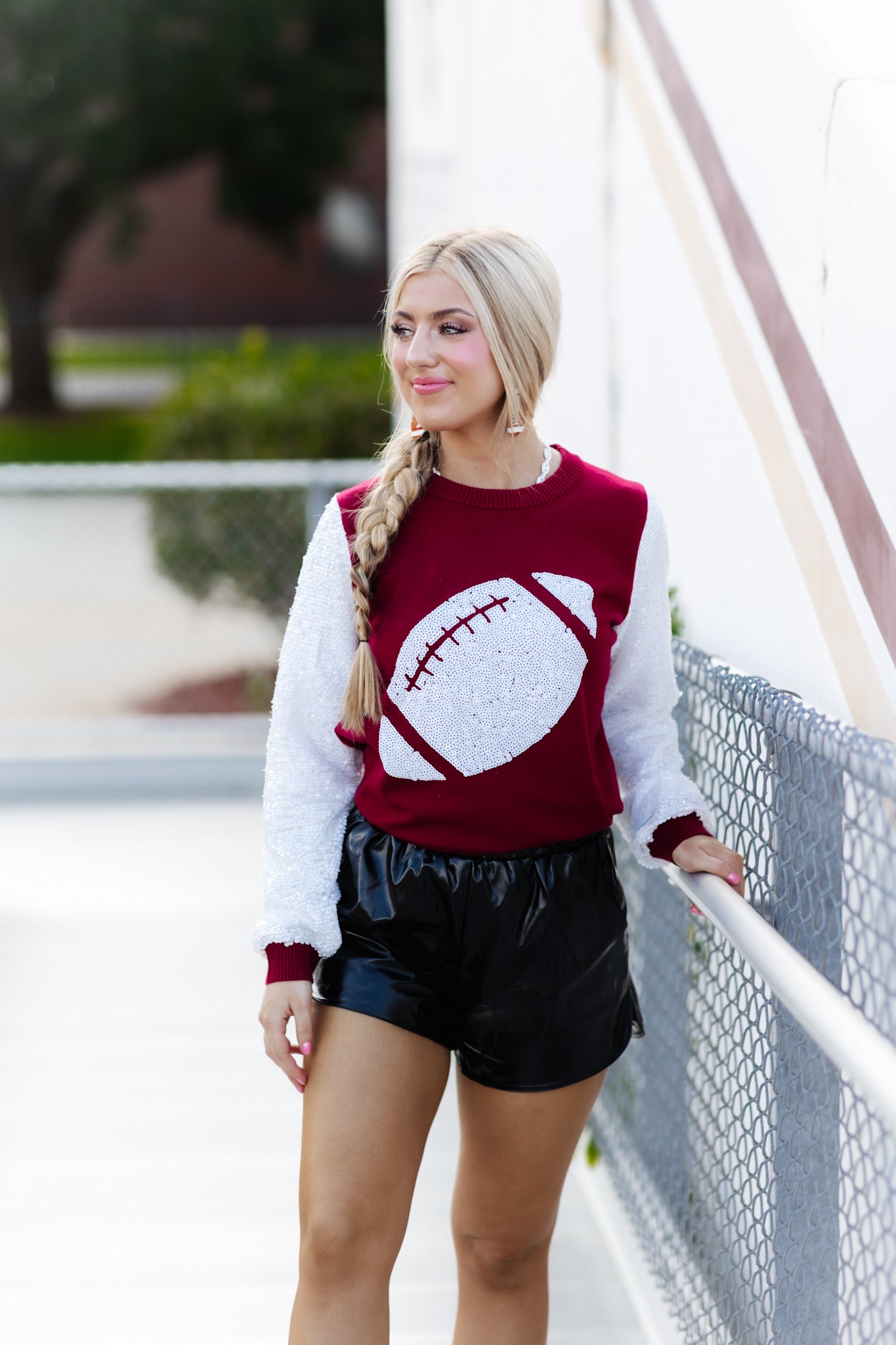 Crimson and White Sequin Sleeve Football Knit Top