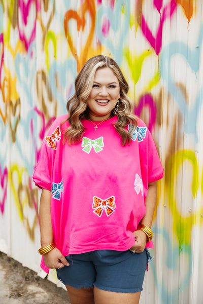 Pink Sequin Bow Patch Oversized Tee