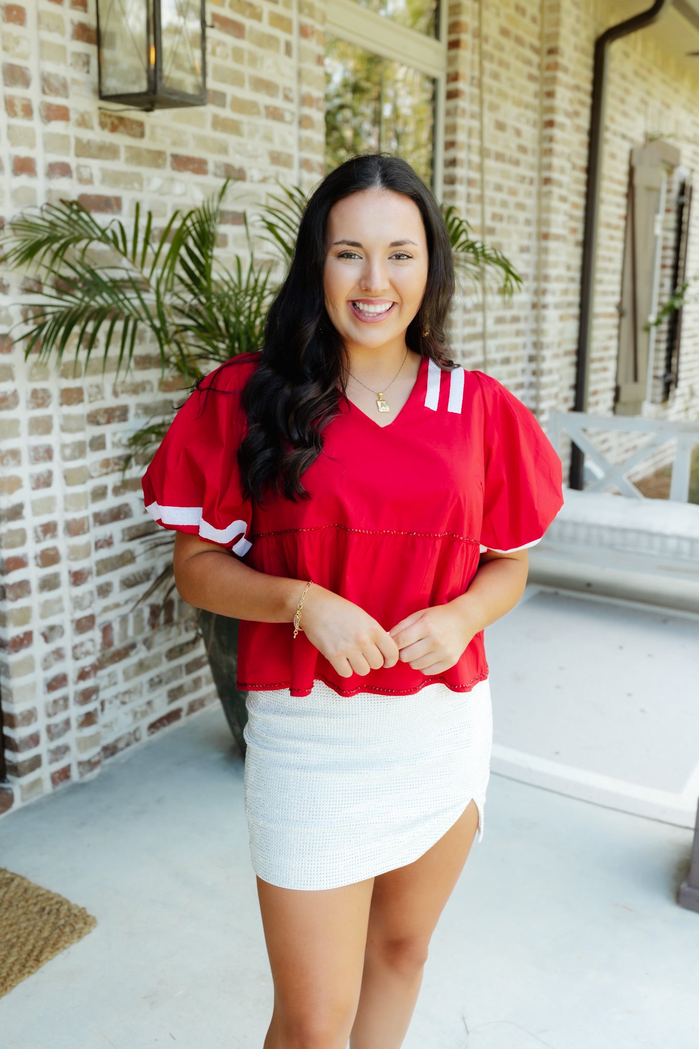 Queen Of Sparkles Red & White Jersey Peplum Top