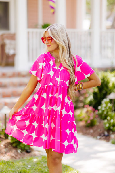 Pink Geometric Print Tiered Dress