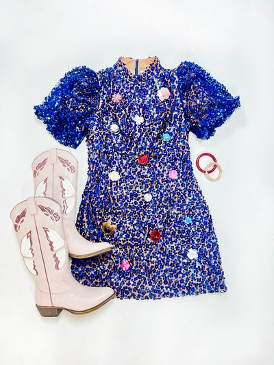 Queen of Sparkles Navy Floral Flower Sequin Poof Sleeve Dress