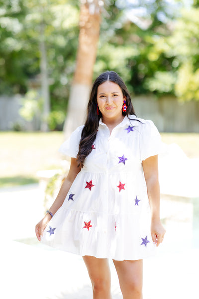 White Star Sequin Patch Button Down Dress