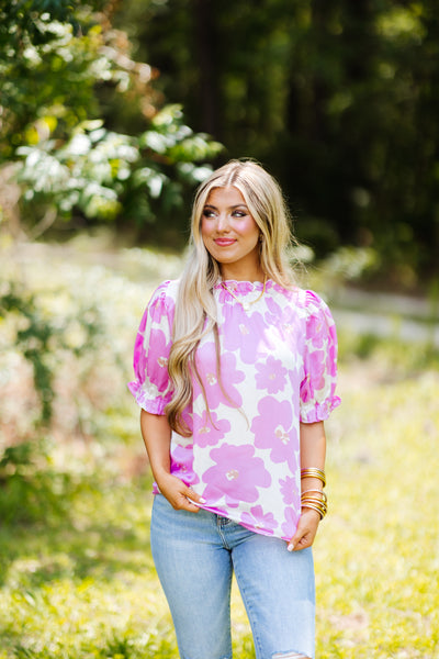Pink Satin Floral Puff Sleeve Blouse