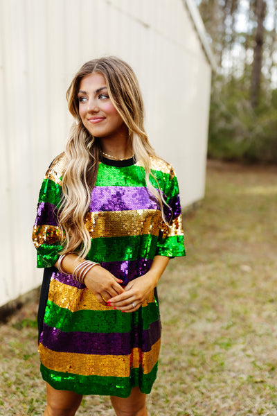 Mardi Gras Sequin Colorblock Dress