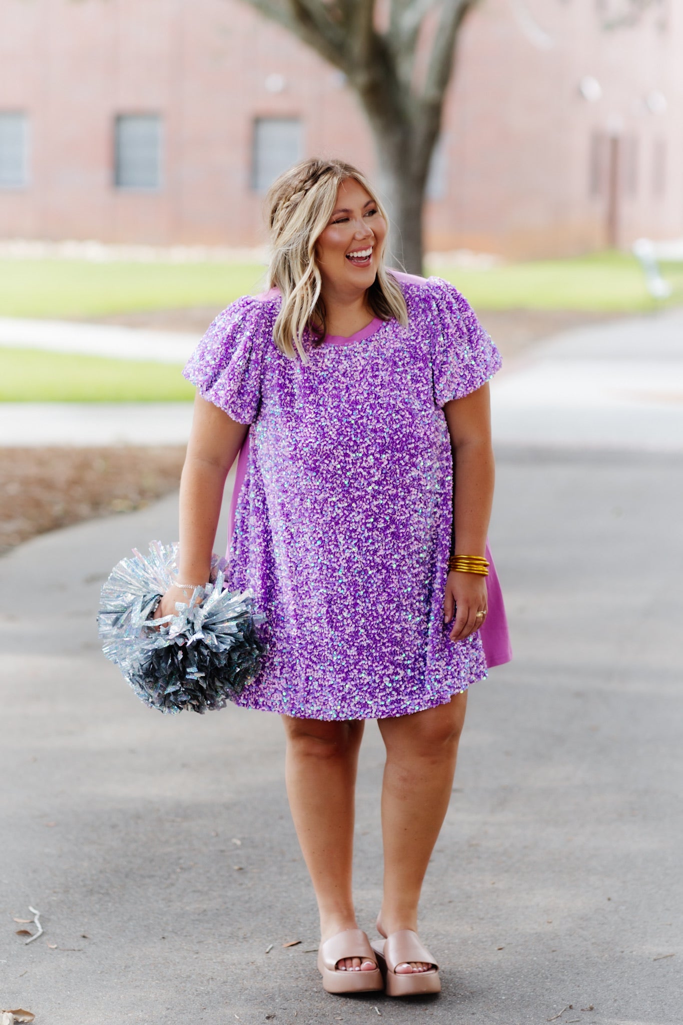 Lavender Sequin Puff Sleeve Swing Dress