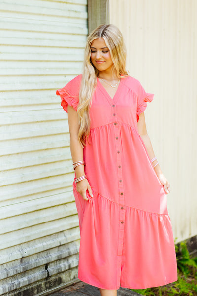 Coral Pink Ruffle Sleeve Button Down Midi Dress