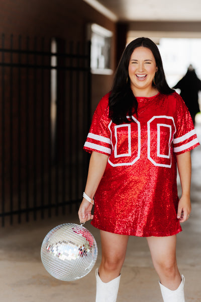 Red Sequin Game Day Jersey Dress