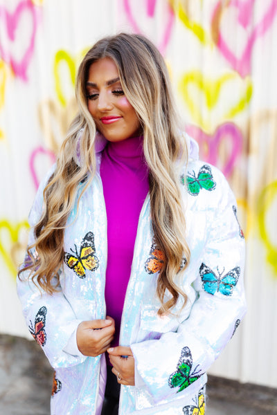 Queen Of Sparkles White Oversized Sequin Butterfly Puffer