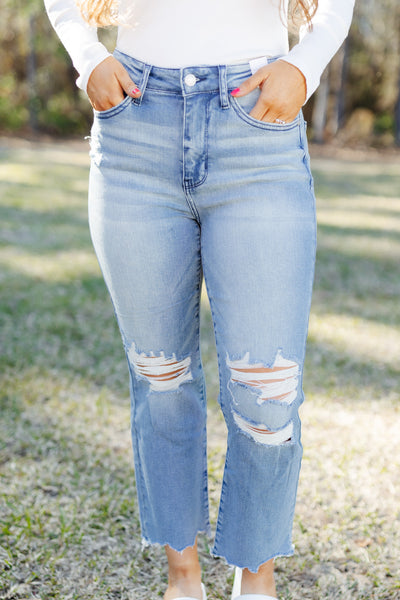 Judy Blue Mid Rise Destroyed Straight Leg Jean
