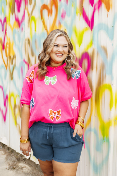 Pink Sequin Bow Patch Oversized Tee