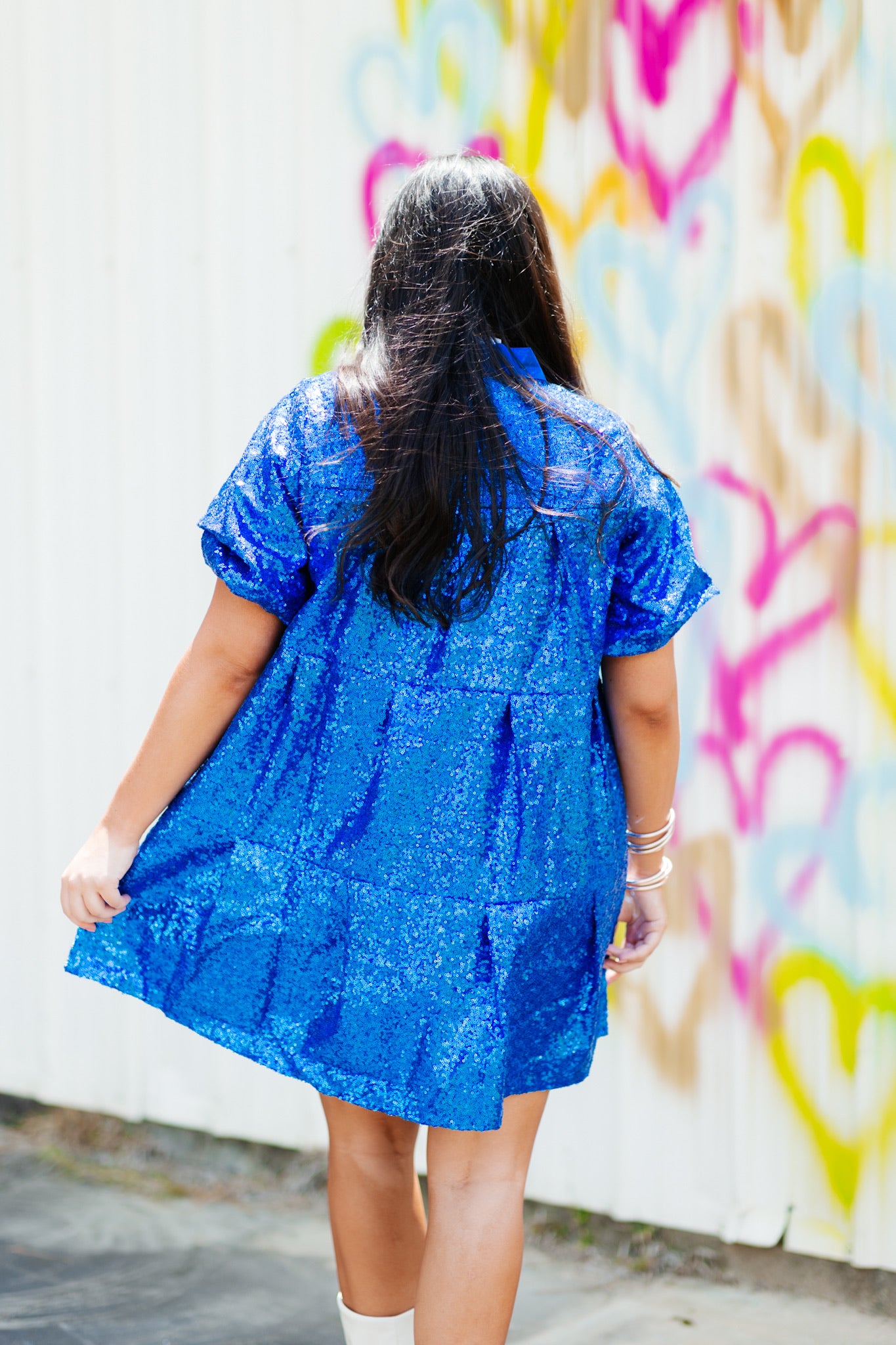 Blue Iridescent Sequin Shirt Dress