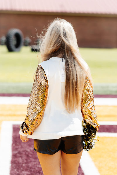 White and Gold Sequin Sleeve Football Knit Top