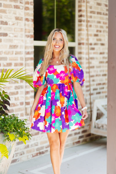 Purple and Jade Floral Print Square Neck Puff Sleeve Dress