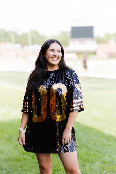 Black and Gold Sequin Heart Sleeve Jersey Dress