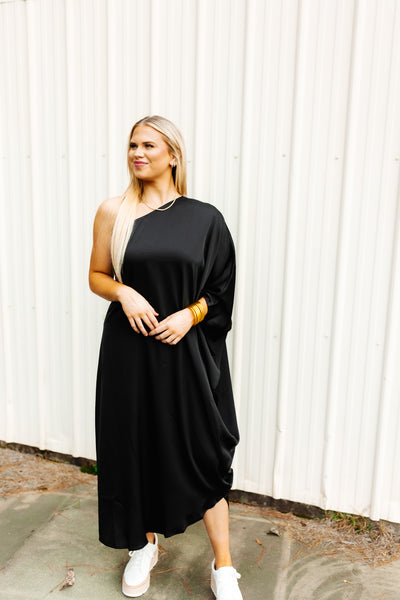Black Drape Sleeve One Shoulder Midi Dress