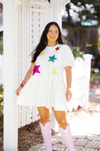 Pearlescent Multi Sequin Star Patch Mini Dress