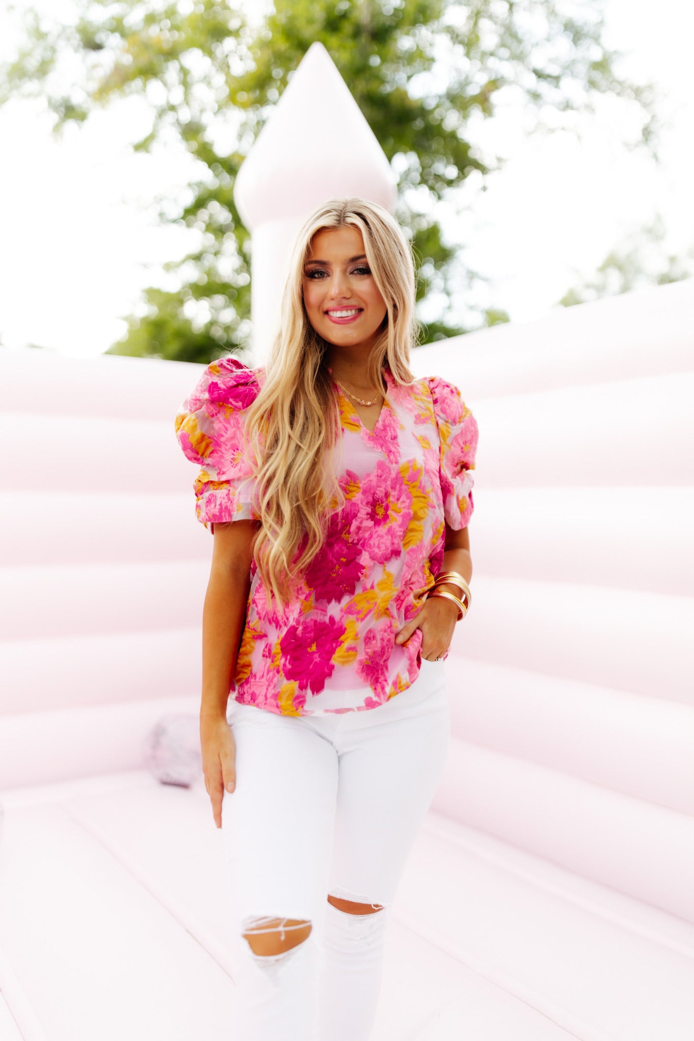 Pink Mix Floral Jacquard Puff Sleeve Blouse