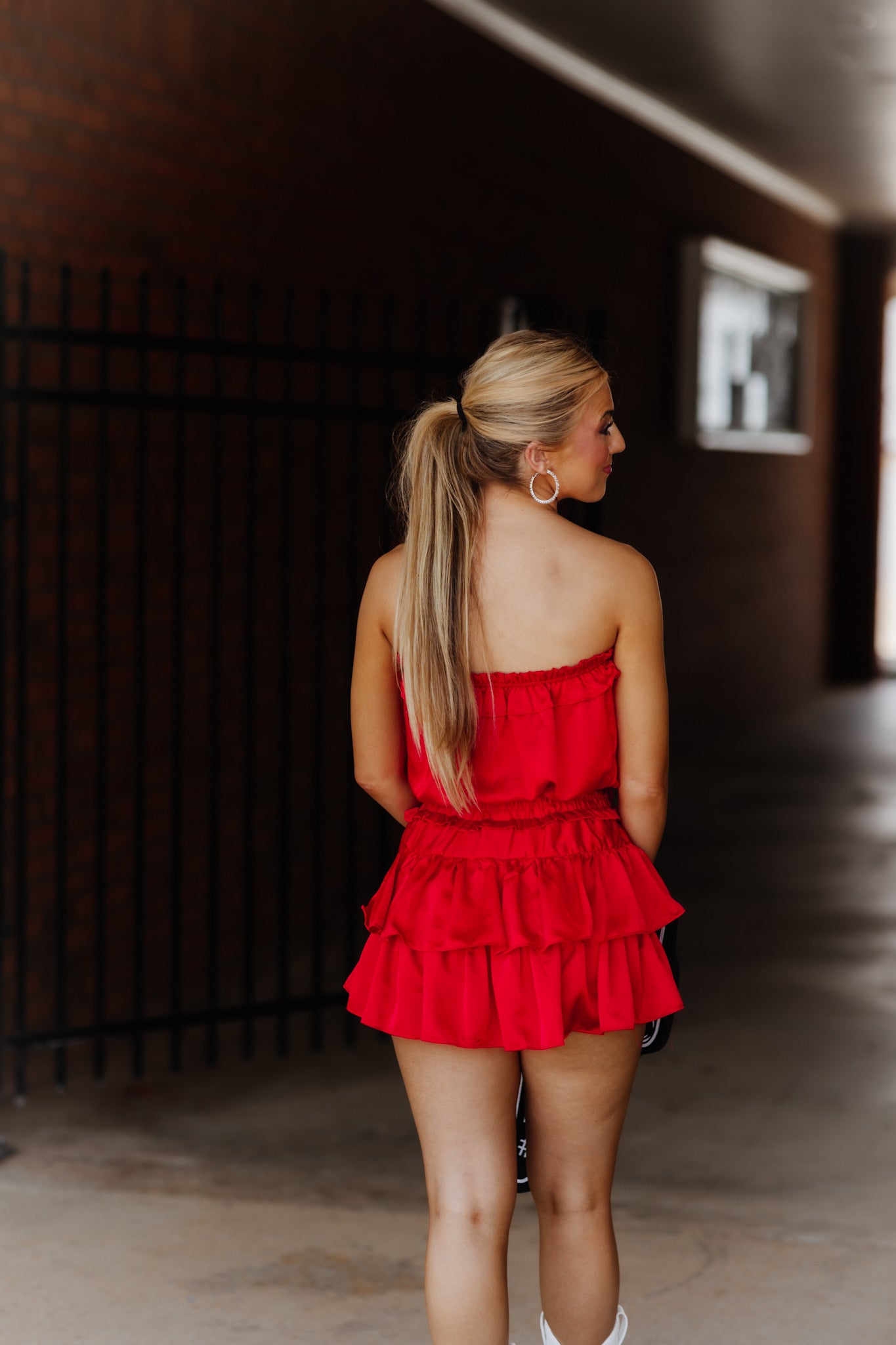Red Strapless Ruffle Romper Dress
