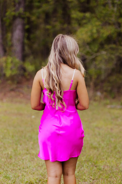 Hot Pink Rhinestone Strap Cowl Neck Dress