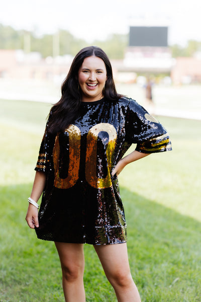 Black and Gold Sequin Heart Sleeve Jersey Dress