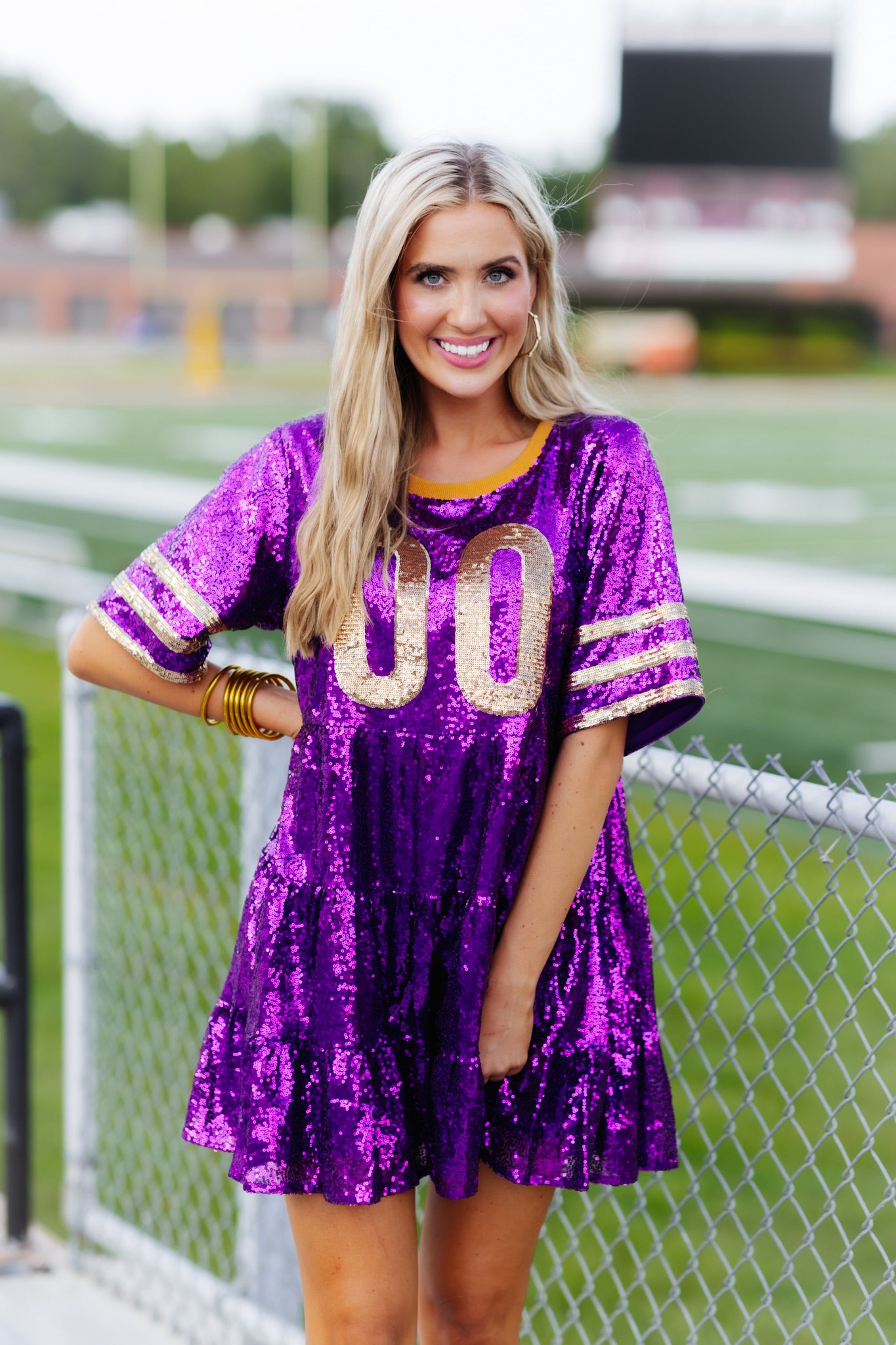 Purple and Gold Sequin Babydoll Jersey Dress