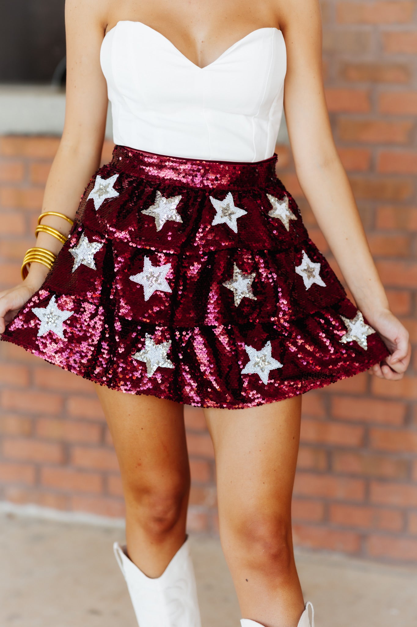 Maroon Star Sequin Tiered Skirt