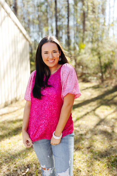 Fuchsia and Pink Sequin Colorblock Blouse