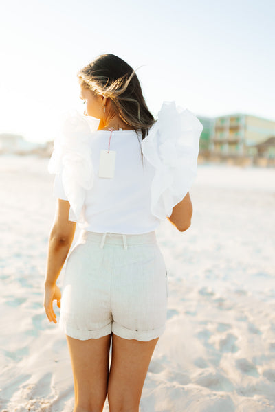 Off White Ribbed Organza Ruffle Blouse