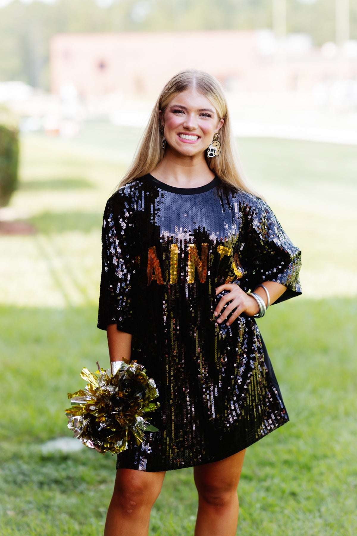 Saireish Plus Size Black and Gold Sequin Saints Jersey Dress Ropa