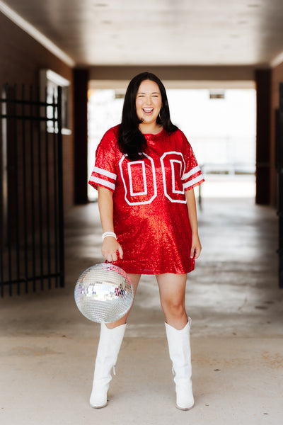Red Sequin Game Day Jersey Dress