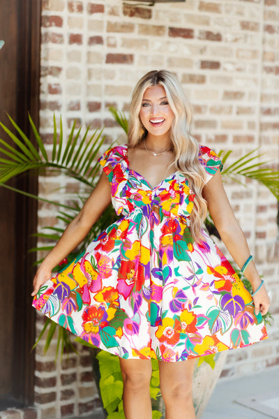 Multicolor Floral Ruffle Ruched Front Babydoll Dress