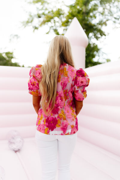 Pink Mix Floral Jacquard Puff Sleeve Blouse