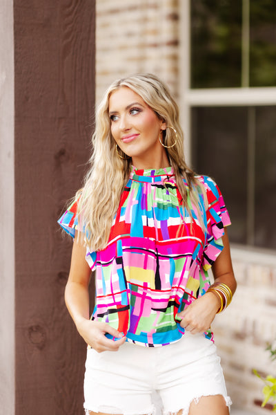Red Retro Multi Abstract Puff Sleeve Blouse