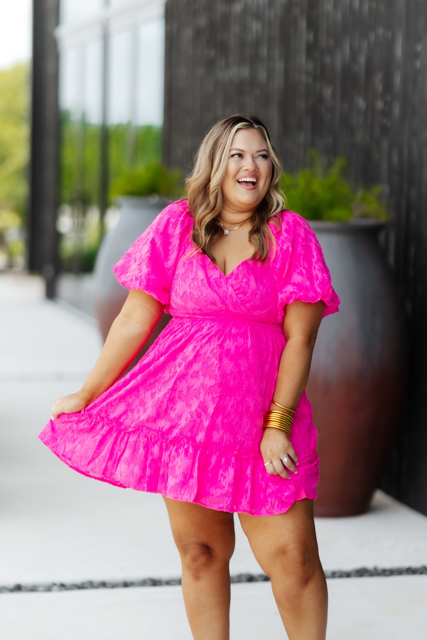 Pink Puff Sleeve Textured Surplice Dress