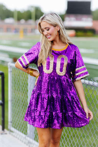 Purple and Gold Sequin Babydoll Jersey Dress