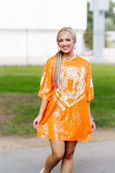 Orange Sequin Easy Tiger Shirt Dress