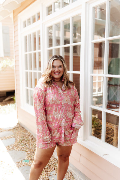 Pink Sequin Cheetah Button Down and Short Set